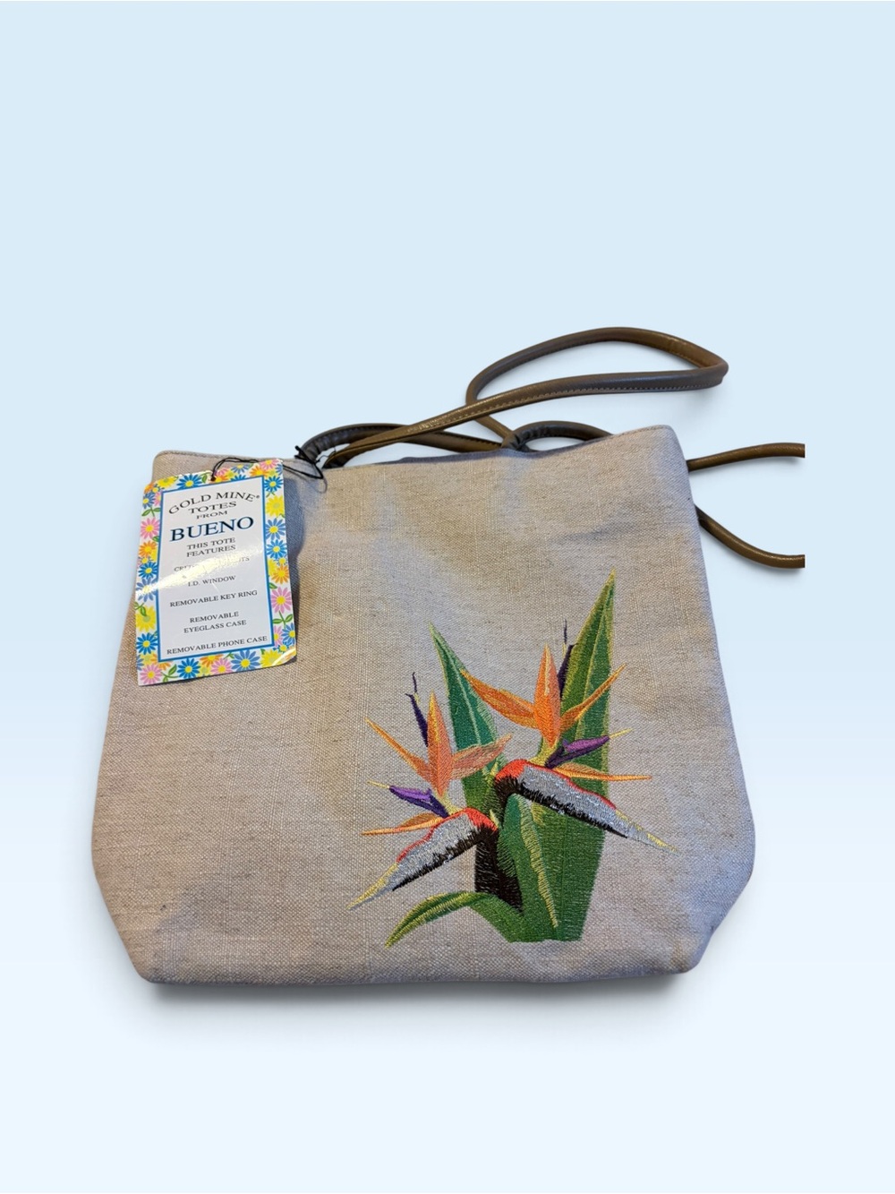 BUENO Beige Tote with Multicolor Bird-of-Paradise Embroidery